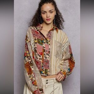 POL Patchwork Button-Down Crop Shirt in Beige & Multicolor